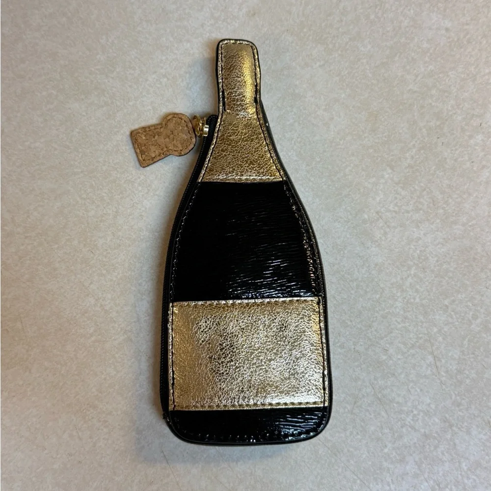 Kate Spade New York Pop Fizz Clink! Champagne Bottle Coin Purse Gold Black NWOT